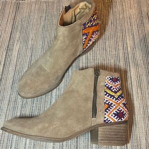 Boho Ankle Boots Tribal Pattern Suede Western Booties Side Zip Block Heel